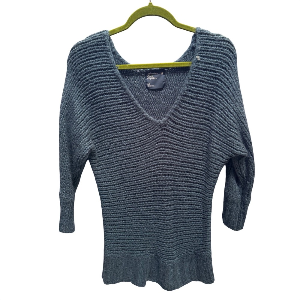 American Eagle Outfitters‎ Womens Dark Gray Knit V Neck 3/4 Sleeve Sweater Top S